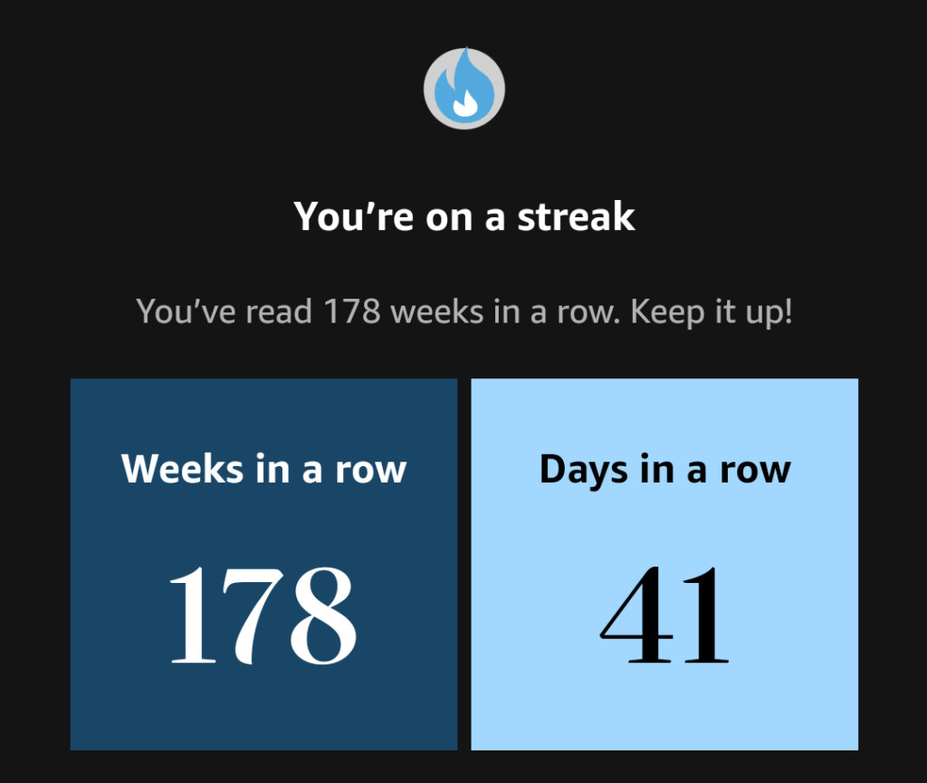 My Kindle reading metrics: 178 weeks in a row, 41 days in a row